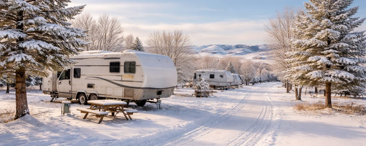 Winter RV camping scene near Hardin Montana with snowy landscape and open sky