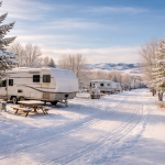 Winter RV camping scene near Hardin Montana with snowy landscape and open sky