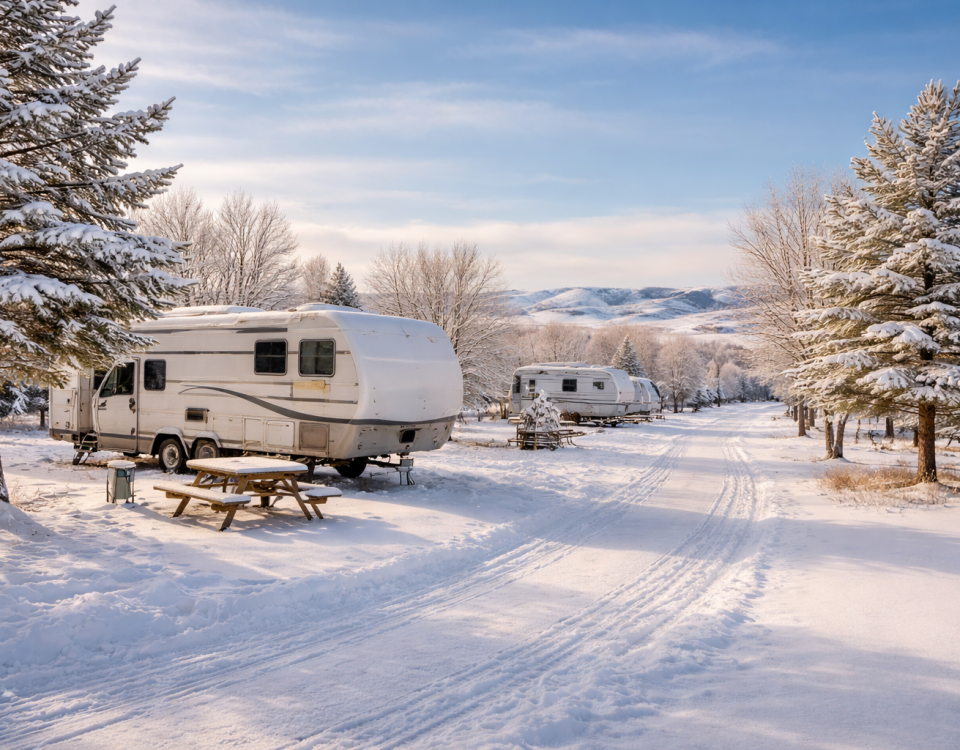 Winter RV camping scene near Hardin Montana with snowy landscape and open sky