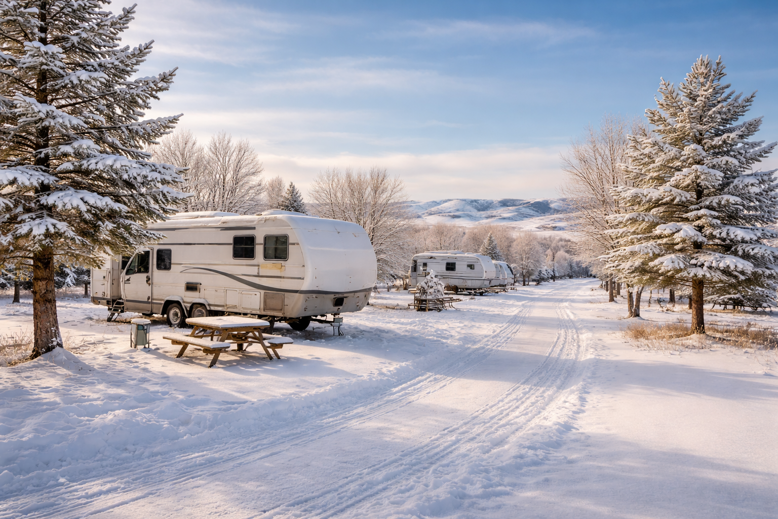 Winter RV camping scene near Hardin Montana with snowy landscape and open sky