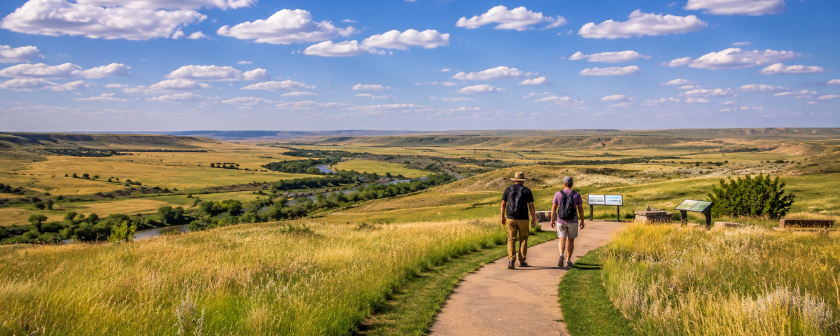 Visitors exploring the rolling prairie landscape near Little Bighorn Battlefield in Montana