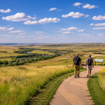 Visitors exploring the rolling prairie landscape near Little Bighorn Battlefield in Montana