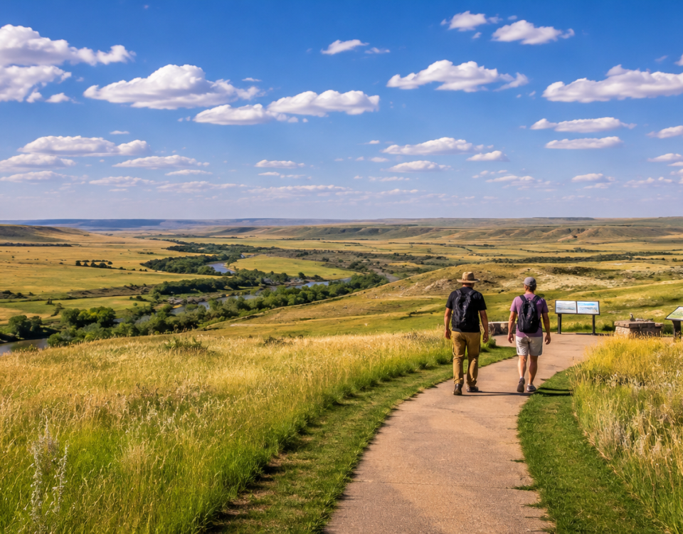 Visitors exploring the rolling prairie landscape near Little Bighorn Battlefield in Montana