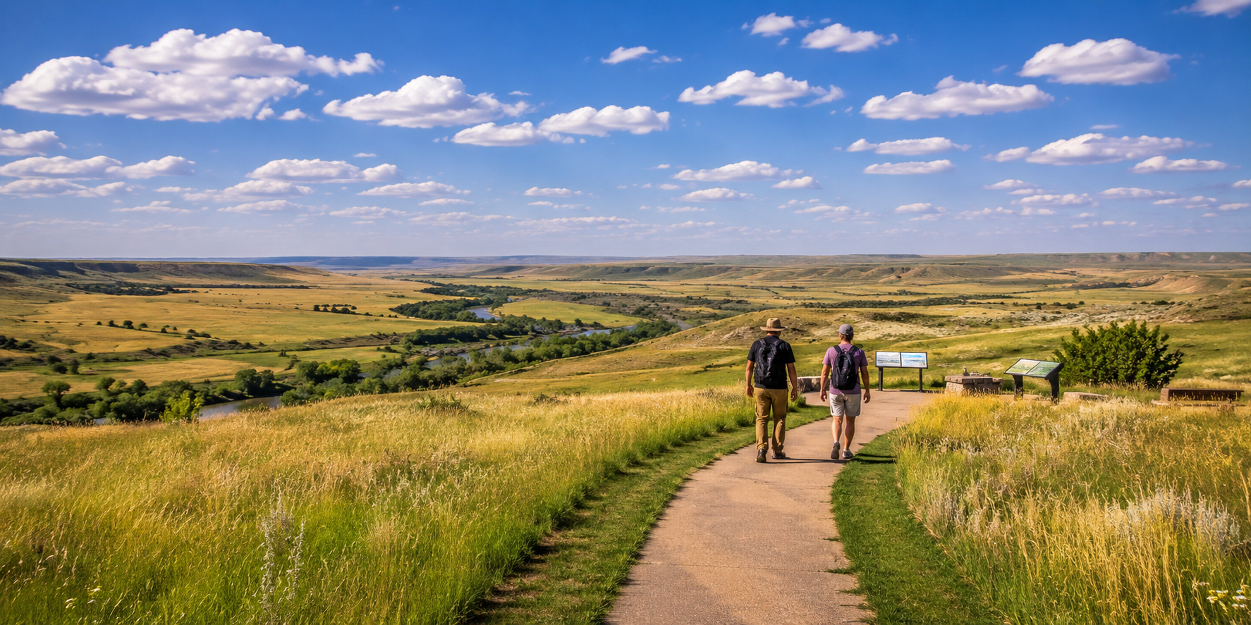 Visitors exploring the rolling prairie landscape near Little Bighorn Battlefield in Montana