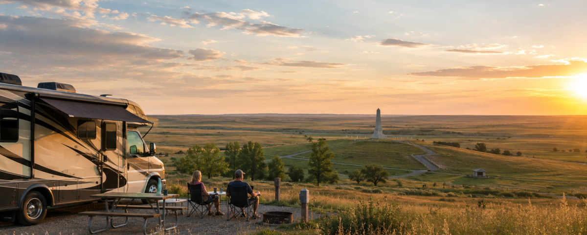 RV campers enjoying a prairie sunset near Little Bighorn Battlefield outside Hardin Montana