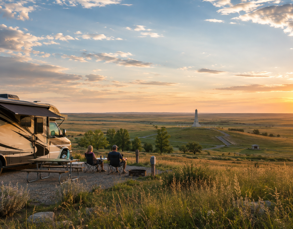 RV campers enjoying a prairie sunset near Little Bighorn Battlefield outside Hardin Montana