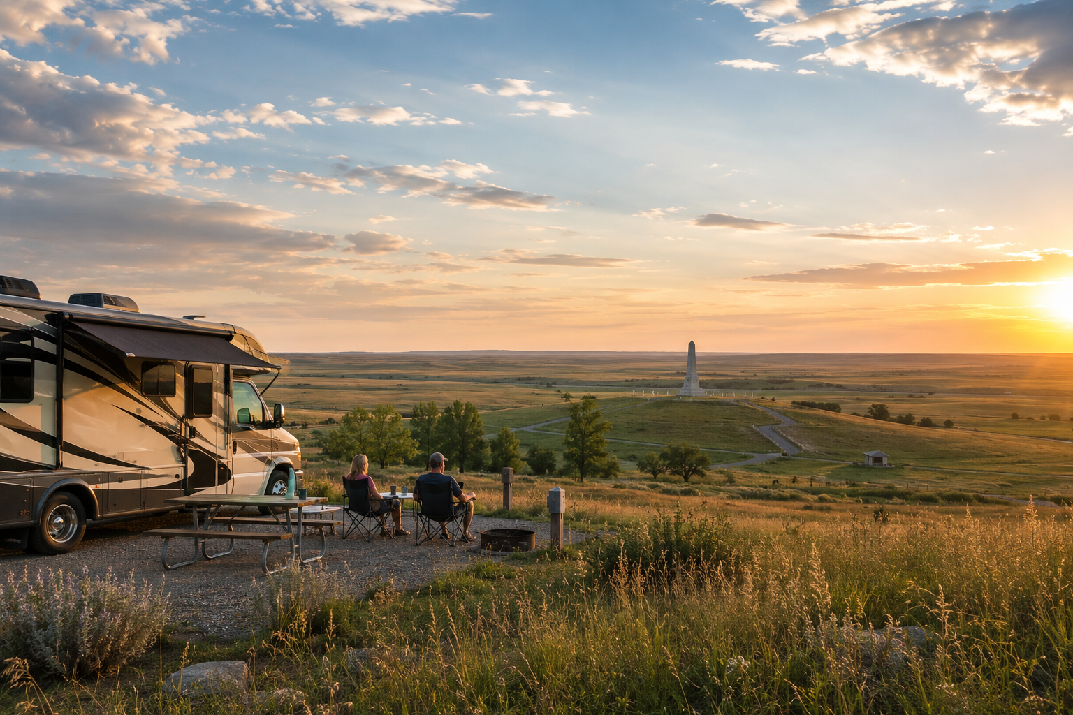 RV campers enjoying a prairie sunset near Little Bighorn Battlefield outside Hardin Montana