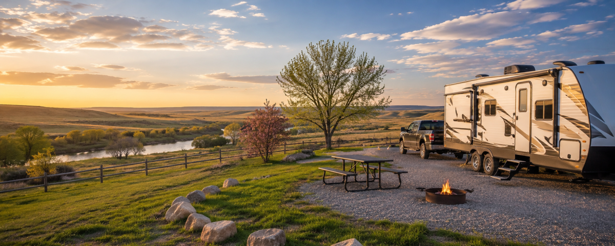 RV campsite on the open prairie near Hardin Montana during spring camping season
