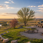 RV campsite on the open prairie near Hardin Montana during spring camping season