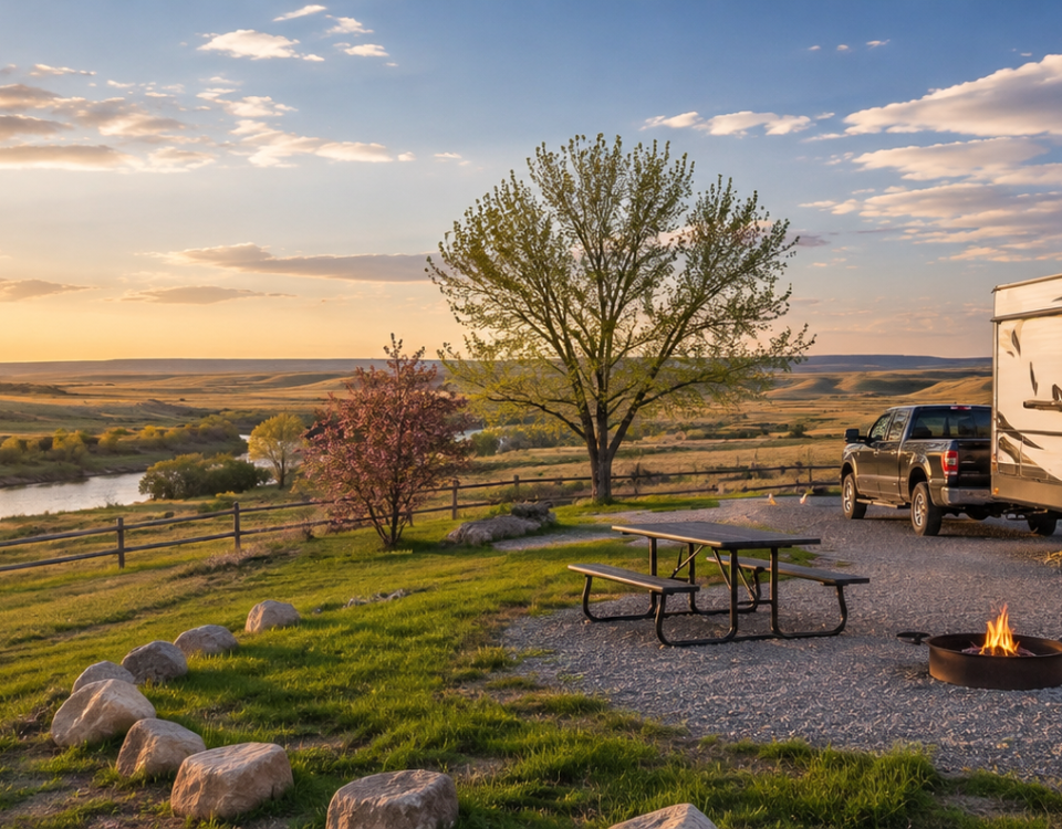 RV campsite on the open prairie near Hardin Montana during spring camping season