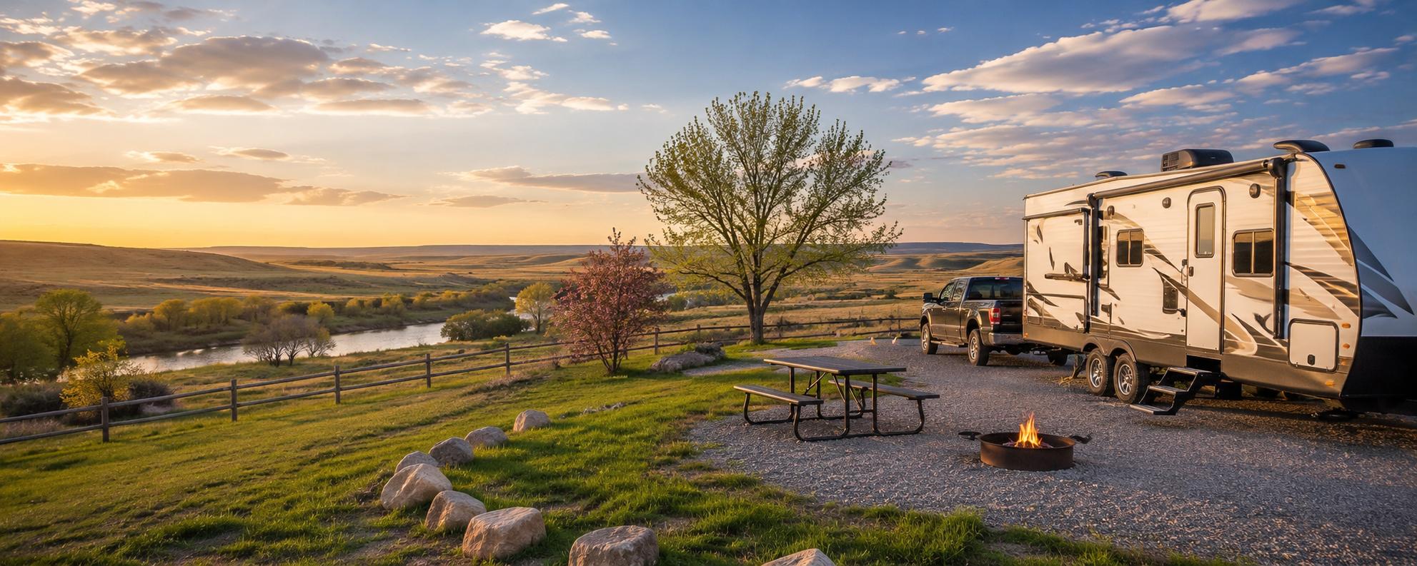 RV campsite on the open prairie near Hardin Montana during spring camping season
